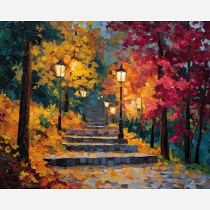 autumn hillside painting, lantern path art, crimson leaves, gold foliage impressionism, fall landscape décor, palette knife autumn