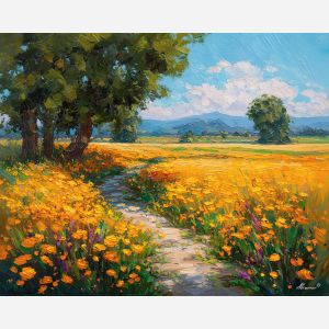 marigold flowers painting, sun path art, golden flower field, impressionist countryside, warm palette blooms, palette knife floral art