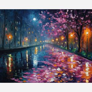 moonlit canal art, drifting petals painting, night garden scene, glowing lamp reflections, impressionist moonlight, soft palette knife strokes
