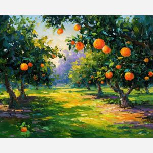 orange trees art, orchard morning painting, warm sunlight impressionism, fruit grove landscape, golden orchard scene, palette knife strokes