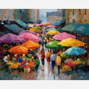 market painting, colorful umbrellas art, morning light impressionism, lively market scene, vendors painting, soft warm palette, palette knife strokes, crowd scene art