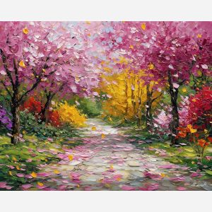 flower path painting, pink petals art, breezy garden scene, impressionist spring path, pastel blossoms, palette knife flowers, romantic walkway art