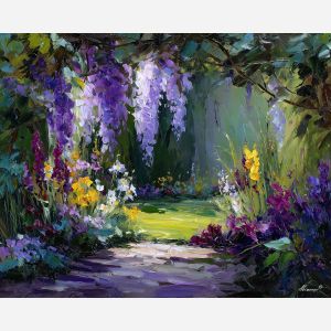 violet flowers painting, shadowed garden art, impressionist floral corner, purple bloom palette, palette knife flowers, cool garden scene