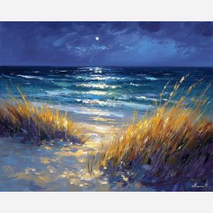 blue ocean painting, sapphire water art, impressionist shoreline, sparkling sea reflections, palette knife coast, wind-swept grasses