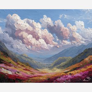 mountain valley painting, rose sky art, blooming valley scene, impressionist mountain landscape, pastel sky painting, palette knife terrain