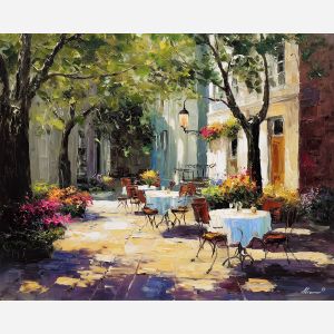 street café painting, afternoon light art, outdoor café tables, impressionism city scene, sunlit street painting, palette knife impressionism