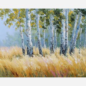 birch forest painting, silver morning light, pale grasses art, impressionist woodland, soft early light painting, palette knife trees, forest impressionism