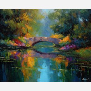 arched bridge painting, reflective pond art, impressionist water garden, calm landscape scene, pastel foliage, palette knife water reflections
