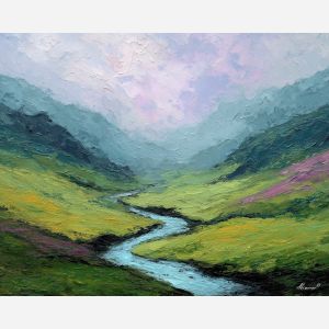 soft river painting, green valley art, pastel hills landscape, impressionist mist, gentle river scene, palette knife valley painting