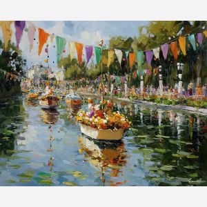 flower boats painting, spring festival art, river parade impressionism, colorful banners, festive water scene, palette knife reflections