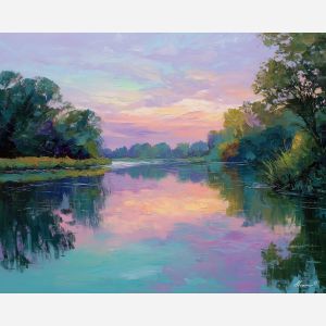 river reflections painting, pastel water art, evening river scene, impressionism water ripples, soft color palette, dusk landscape art, palette knife river, gentle light painting, calm river view, impressionist water reflections