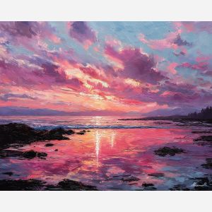 sunset sky painting, pink coral clouds art, coastal sunset impressionism, glowing shoreline, palette knife color blending, warm ocean sky scene