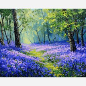 bluebell forest art, woodland clearing painting, lavender flowers scene, impressionist floral landscape, palette knife blossoms, nature light painting