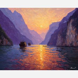 Three Gorges, Yangtze canyon, golden river, sunset cliffs, dramatic gorges, China canyon view, steep mountains, molten gold water, river glow, sunset Yangtze, palette-knife canyon, red-orange cliffs, towering gorge walls, scenic canyon China, warm China river, gorge reflections, deep canyon light, iconic Yangtze scenery, sunset gorge colors, high cliffs China
