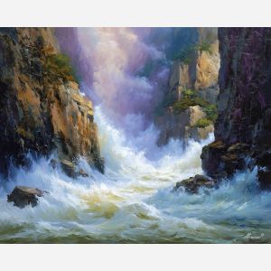 Tiger Leaping Gorge, raging whitewater, Yunnan canyon, powerful river, swirling mist, dramatic cliffs, narrow gorge China, roaring water, dark stone walls, palette-knife river, turbulent China river, deep canyon Yunnan, fierce rapids, energy landscape, dramatic river flow, iconic China gorge, mist vortex, mountain river China, steep cliff canyon, intense landscape