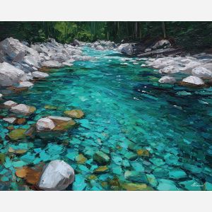 turquoise stream painting, forest water, teal landscape art, palette knife oil, textured nature painting, woodland creek decor