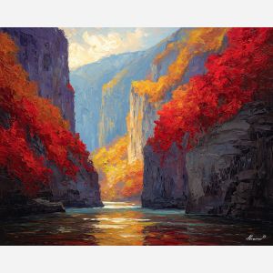 Wulong gorge, autumn cliffs, red forests, golden leaves, limestone canyon, dramatic gorge light, river canyon, Chinese karst valley, autumn China mountains, fiery foliage, steep cliff walls, glowing fall colors, palette-knife canyon, scenic gorge China, natural arch region, forest cliffs, sunlit canyon, warm fall landscape, deep valley China, limestone formations