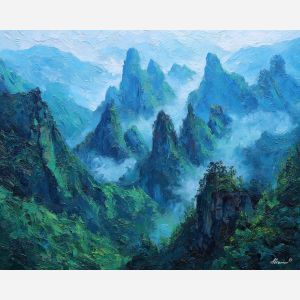 Fenghuang mountains, green pinnacles, bamboo valleys, misty peaks China, lush mountain landscape, morning mist, emerald cliffs, steep green towers, bamboo scenery China, palette-knife mountains, mist-covered peaks, scenic Xiangxi landscape, lush valley China, mystical mountain towers, jade foliage, vertical cliffs, thick bamboo forest, China nature, green mountainscape, soft morning light