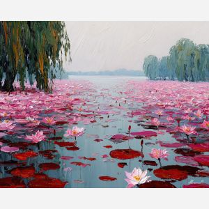 Wuhan lotus lake, pink lotus flowers, lotus blossoms China, summer lake, willow trees, water garden, blooming lotus field, shimmering lake China, floral water scene, palette-knife lotus, aquatic flowers, serene water garden, bright flower lake, lotus reflections, summer haze China, scenic Wuhan lake, crimson lotus blooms, water plants China, lush floral landscape, traditional lotus scenery