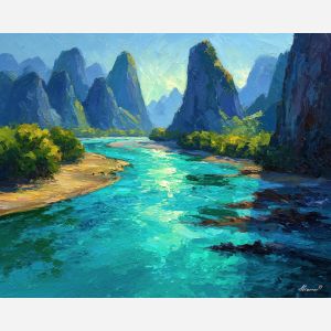Li River bend, vibrant water, turquoise river, jade reflections, Guilin karst towers, limestone cliffs, colorful river scene, sapphire water, surreal Chinese landscape, palette-knife reflections, emerald peaks, iconic China scenery, Guilin valley, rainbow tones water, scenic river bend, turquoise landscape, jade mountains, river guardians, limestone peaks, bright China art