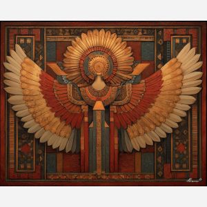 sun empress, winged symmetry, geometric borders, aztec goddess, radiant figure, cultural symbolism, bright patterns, ancient style portrait