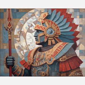 aztec warrior, sunstone patterns, geometric armor, tribal strength, ancient motifs, bold symmetry, cultural symbolism, carved linework, warrior stance, stone influence, angular designs, gold highlights, indigenous heritage