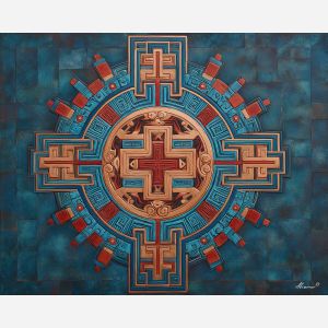 fire crest, aztec flame symbol, stepped patterns, radiant motif, warm palette, tribal emblem, angular shapes, cultural flame design, ancient icon