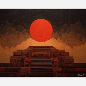 blood moon, aztec geometry, stepped pattern layers, red glow, tribal symbolism, ancient night theme, bold shapes, celestial motif, cultural moon art
