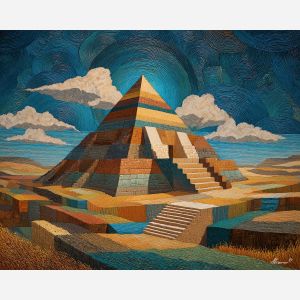 stepped pyramid, echo patterns, aztec waves, geometric expansions, ancient architecture, bold symmetry, cultural design, rhythmic motifs