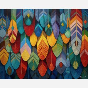 geometric feathers, bright color spread, tribal feather fan, rainbow tones, aztec motifs, angular shapes, ceremonial feather art, cultural color wheel
