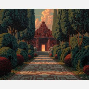 sacred path, ceremonial gate, repeating motifs, tribal border pattern, glowing horizon, geometric walkway, aztec culture, symbolic path, ancient structure, stepped stones