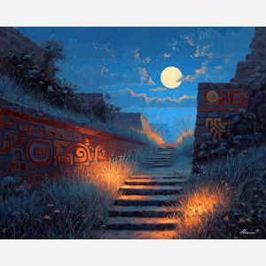 moonlit path, glowing motifs, aztec night scene, geometric borders, ancient walkway, dark sky contrast, tribal light patterns, cultural symbolism