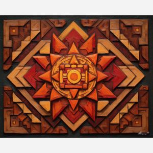 aztec sun, sunstone motif, geometric carving, warm tones, stone symbolism, ancient culture, stepped patterns, tribal design, historical shapes, glowing centerpiece, bold geometry, cultural symbols, old world stone art, radiant centerpiece, sun emblem, aztec pattern work, warm palette, carved motif, indigenous art