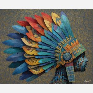 aztec headdress, geometric feathers, bright colors, tribal ceremony, cultural symbols, bold palette, layered shapes, ancient design, royal headpiece, indigenous feathers, traditional art, decorative patterns