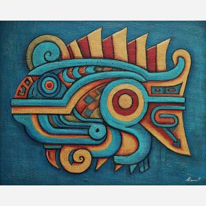 water spirit, aztec waves, geometric flow, tribal water design, ancient symbolism, blue pattern shapes, stylized creature, cultural motif, fluid geometry