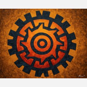spiral sun, aztec angular shapes, layered patterns, ancient symbolism, bright geometry, cultural sun emblem, tribal spiral, radiant center