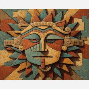 aztec mask, radiant lines, tribal facial design, symbolic stone carving, ancient culture, dawn light pattern, geometric shaping, cultural symbolism, carved stone look, strong contrast