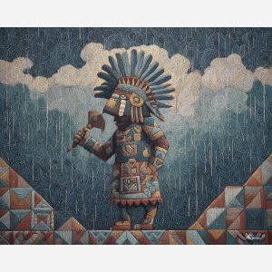rain caller, aztec ritual figure, falling line motif, water symbolism, geometric patterns, cultural ceremony, ancient icon, vertical rain lines, tribal art