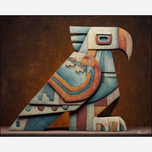 aztec bird, stone shape carving, sunrise tones, geometric feathers, dawn symbolism, tribal bird form, angular bird art, cultural icon
