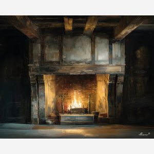 fireplace glow, golden ambiance, dark wood beams, baroque interior, warm shadows, atmospheric firelight, deep room contrast, classic home scene