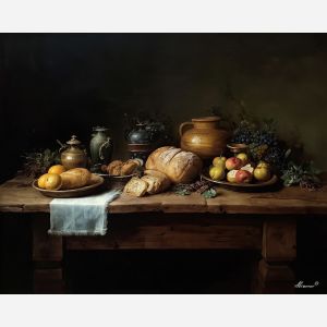 rustic still life, wooden table, bread fruit pottery, dramatic light, deep contrast, baroque textures, warm highlights, old world atmosphere