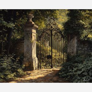 ornate gate, filtered sunlight, overgrown leaves, baroque garden, dramatic shadows, classical metalwork, warm highlights, moody atmosphere