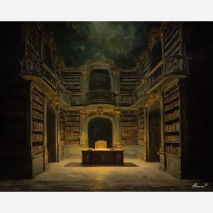 baroque library, warm desk light, deep shelves, dramatic shadows, classical interior, atmospheric study, warm glow, dark room ambiance