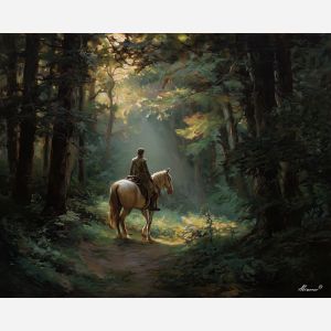 baroque rider, breaking light, forest shadows, dramatic horseback scene, luminous highlights, classical figure composition, high contrast lighting