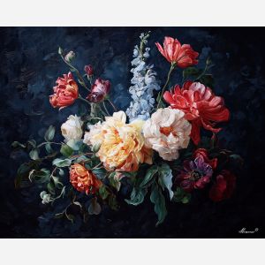baroque flowers, glowing petals, velvety background, dramatic floral arrangement, deep shadows, warm light, rich colors, classical flower art