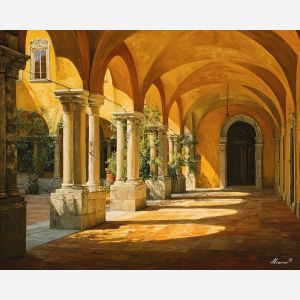 golden courtyard, arched architecture, angled sunlight, dramatic shadows, classical stonework, warm glow, baroque courtyard design, strong contrasts
