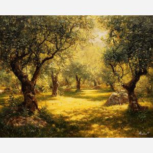 baroque orchard, warm rays, golden foliage, deep shadows, dramatic trees, rich natural tones, chiaroscuro landscape, classical nature art, textured leaves, glowing highlights