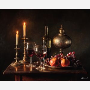 wine still life, candlelight glow, glass reflections, fruit arrangement, dramatic shadows, baroque table scene, deep contrast, warm highlights