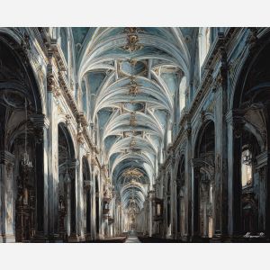 baroque cathedral, divine light rays, vaulted arches, dark columns, spiritual ambiance, high contrast interior, sacred glow, classical architecture