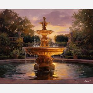 baroque fountain, sunset glow, dramatic light, garden architecture, deep shadows, classical outdoor scene, glowing water, ornate stonework